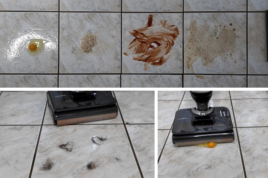 Der Tineco Floor One S9 Artist im Test reinigt den Boden bei Haferflocken mit Milch, eingetrocknetem Kaffee und Ketchup und Mayoflecken.